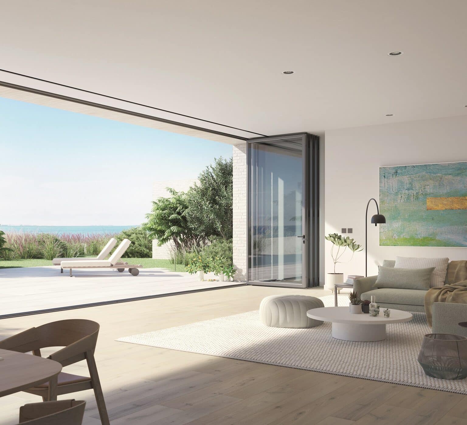 Schüco AS FD 75 bifold door fully open in a modern sitting room