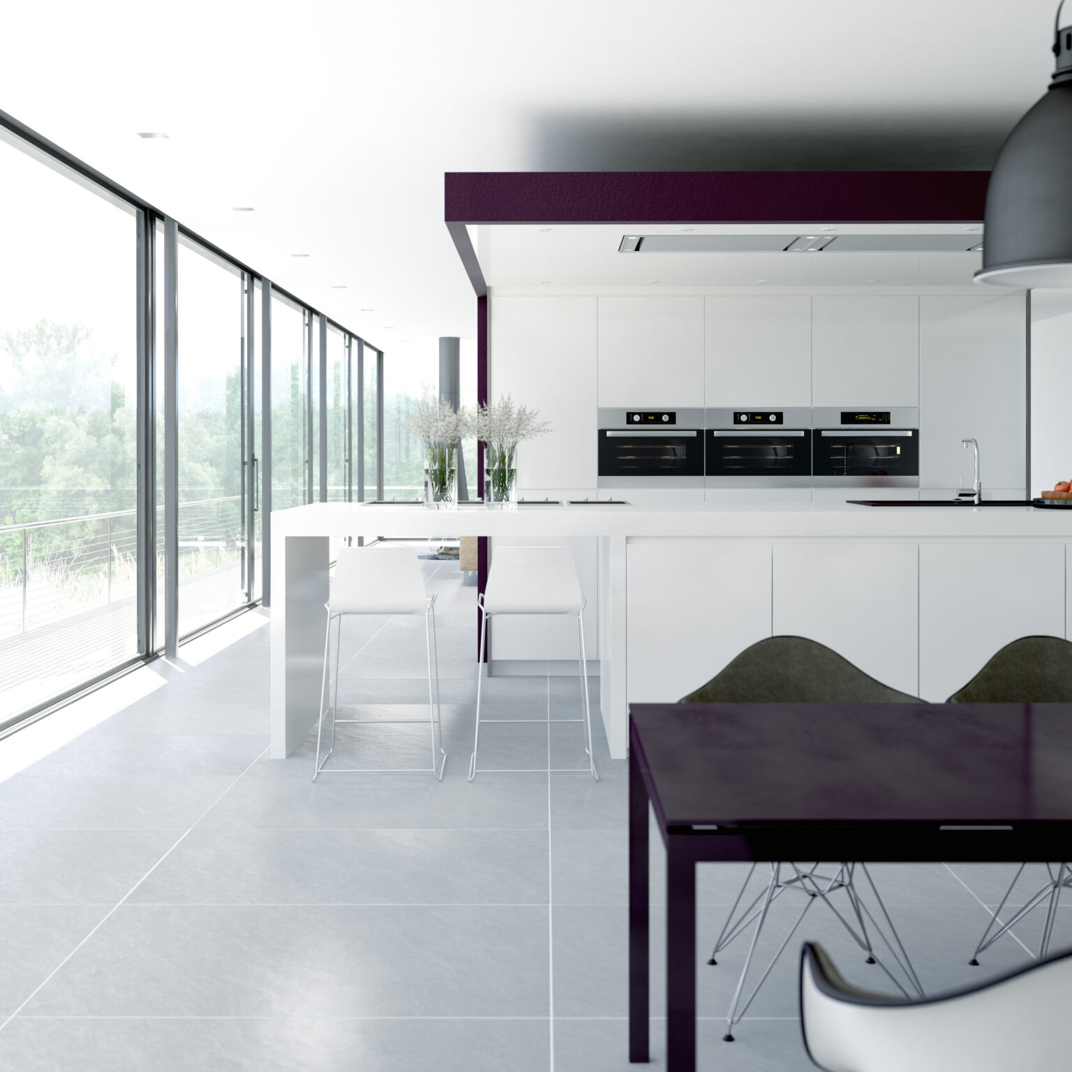 Silver slimline sliding doors in a black and white contemporary kitchen